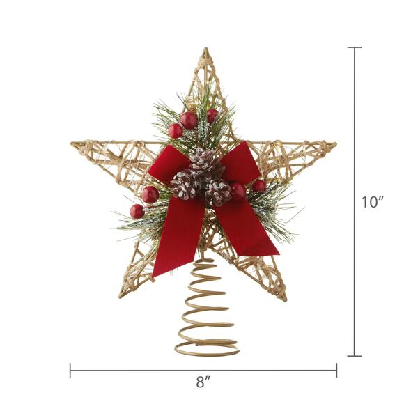 Woven Star Holly Berry Bow Lit Christmas Tree Topper 10" LED 5-Pt Holiday Red - Picture 6 of 10